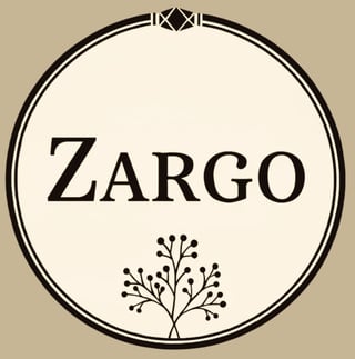 ZARGO logo with circular double border, decorative geometric top element, and botanical branch illustration below text on cream background